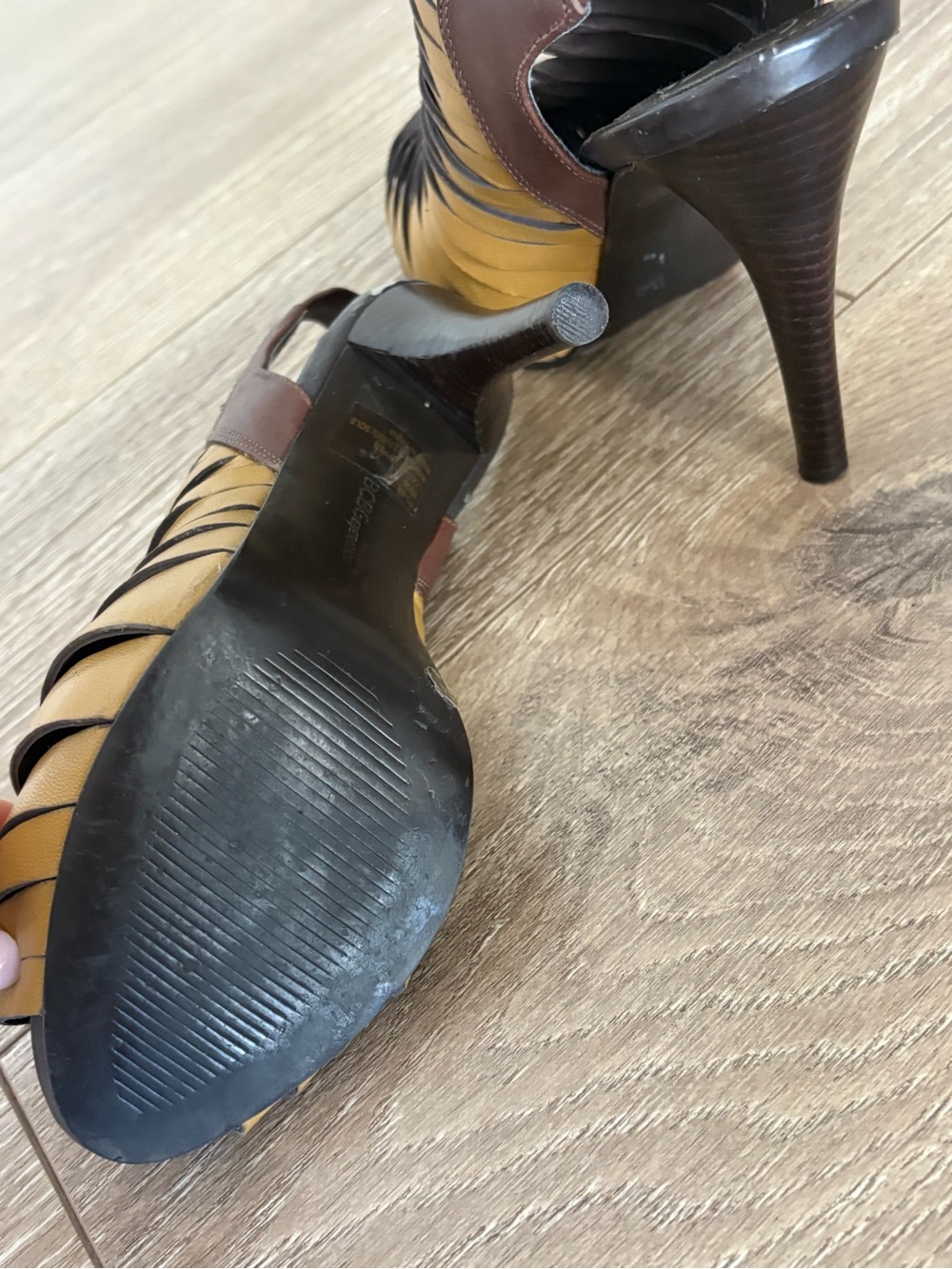 BCBGeneration Mustard Yellow and Brown Cutout Peep-Toe Slingback Heels - Picture 10 of 12